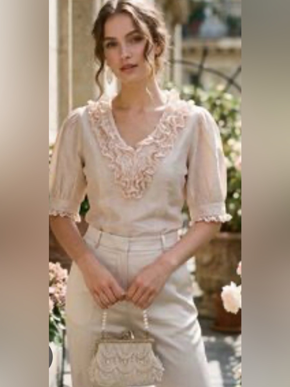 Caroline Constas Soft Pink Lace and Ruffled V-Neck Blouse